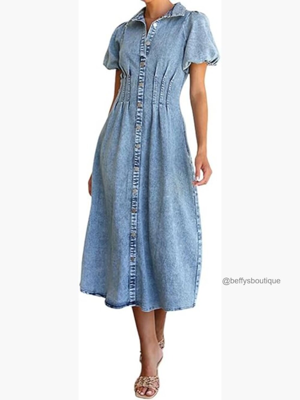 Women's Long Denim Dress Puff Sleeve Button Down Casual Slim Fit Midi Jean - Picture 1 of 7